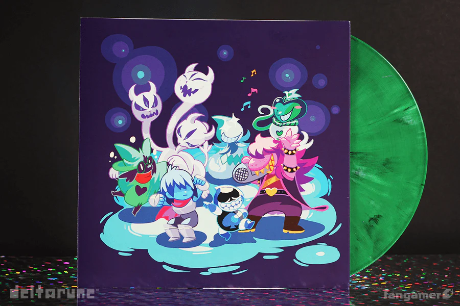 Inner sleeve for the Deltarune chapter 1 vinyl, features the main characters and some other characters on a dark background with the green vinyl sticking out.