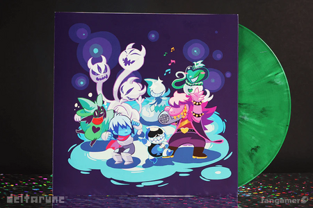 Inner sleeve for the Deltarune chapter 1 vinyl, features the main characters and some other characters on a dark background with the green vinyl sticking out.