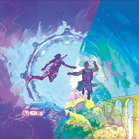 Vibrant, colorful digital illustration of two figures floating in front of a large circular portal, with a hovering car below on the left and architectural forms in the background on the right. The style has bold brushstrokes and saturated hues including purple, blue, teal, yellow, and green.