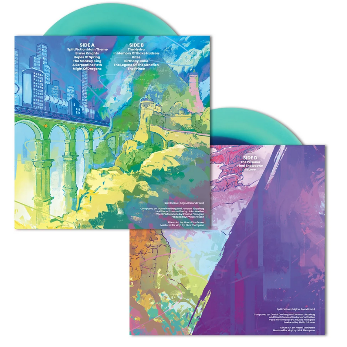 The backside of the split fiction inner sleeves, both are a hodgepodge of sci fi and fantasy art themes featuring tall skyscrapers in blues and purples and lush hills and stone architecture in greens. The tracklist is laid out in white text and the credits are in the bottom right corners.