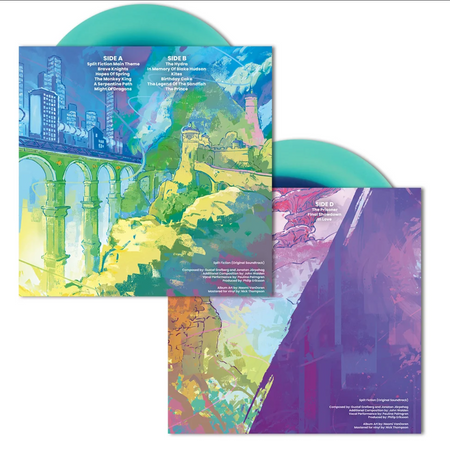 The backside of the split fiction inner sleeves, both are a hodgepodge of sci fi and fantasy art themes featuring tall skyscrapers in blues and purples and lush hills and stone architecture in greens. The tracklist is laid out in white text and the credits are in the bottom right corners.